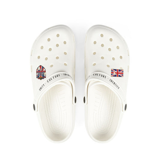 White EVA Foam Clogs with Union Jack Charm